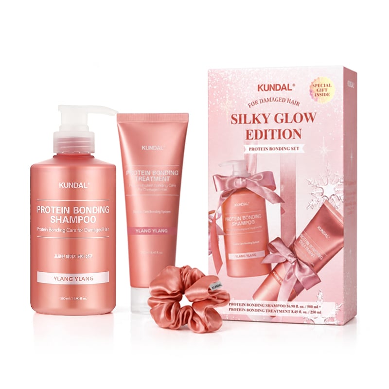 Набір для волосся Kundal Silk Glow Edition Protein Bonding Set, Ylang Ylang (шампунь, 500 мл + маска, 250 мл + резинка для волосся)
